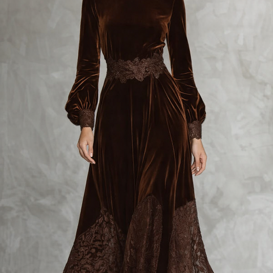 Vestidos maxi de terciopelo con cuello alto y mangas abullonadas de encaje patchwork