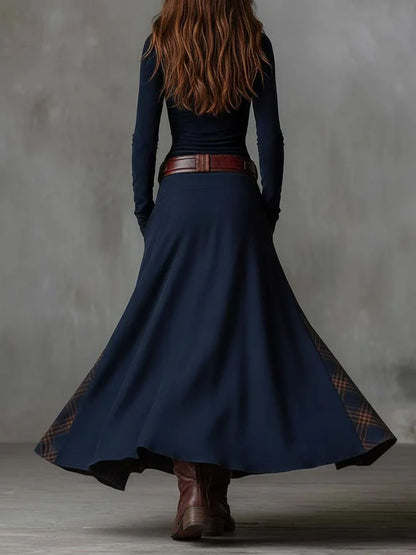 Vestido largo vintage de ante a cuadros azul marino